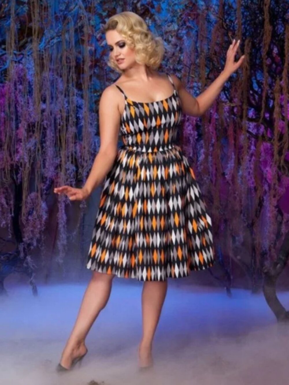 Pinup Couture Black, White & Orange Harlequin Dress Size XL - NWOT
